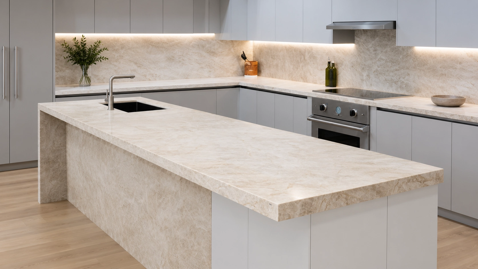 Taj Mahal Quartzite Kitchen Island and Countertops Taj Mahal Quartzite kitchen island and countertops in a warm luxury interior