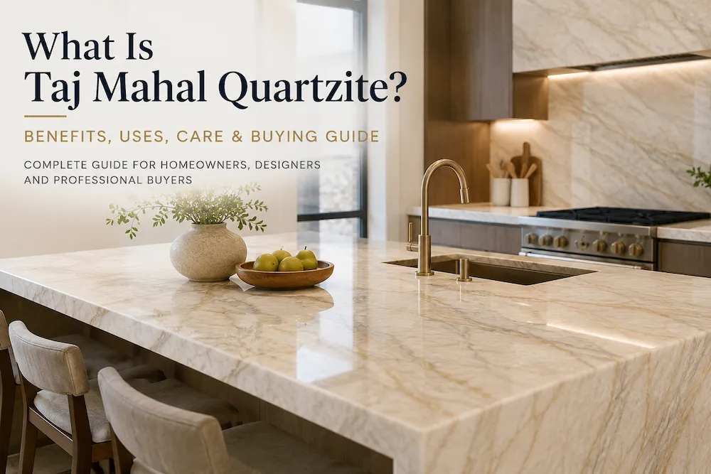 Taj Mahal Quartzite kitchen island with warm cream veining in a luxury modern kitchen