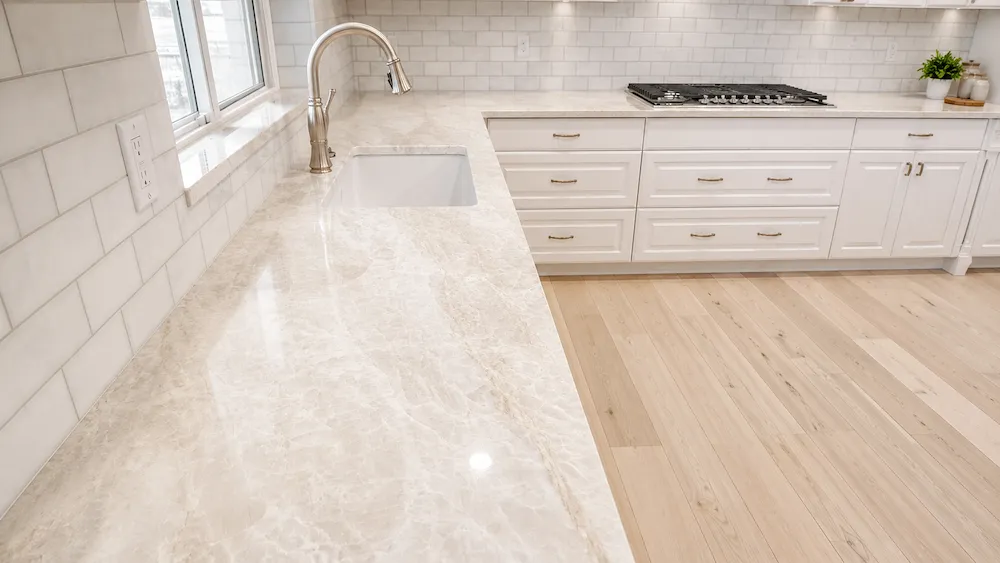 What Is Taj Mahal Quartzite? Benefits, Uses, Care & Buying Guide Taj Mahal Quartzite kitchen with warm cream countertops and elegant natural veining