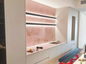 Backlit Afghan Pink Onyx kitchen backsplash and wall panels