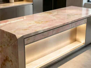 Afghan Pink Onyx custom kitchen island with illuminated display shelf