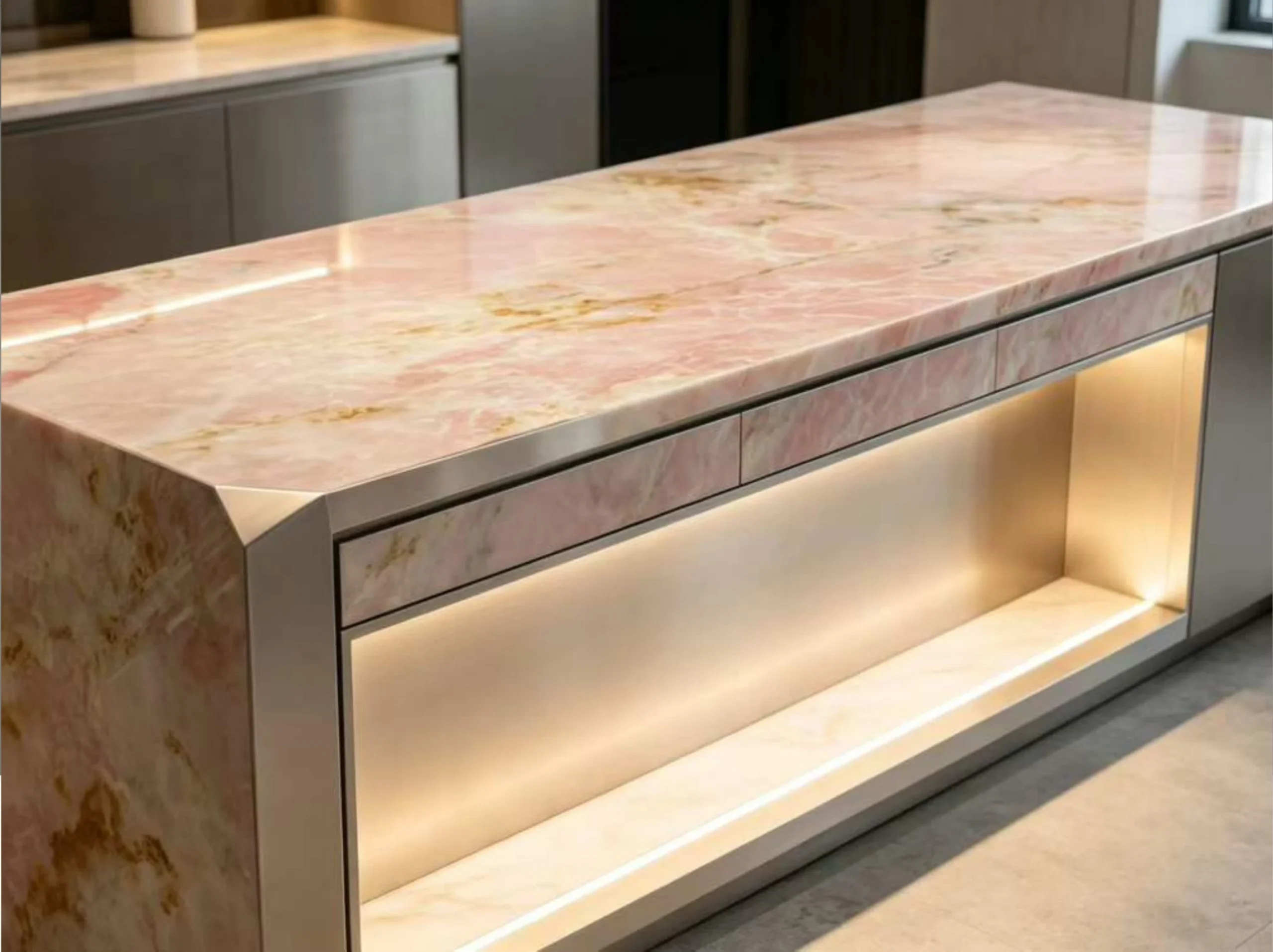afghan-pink-onyx-kitchen-island-custom-countertop-03.webp Afghan Pink Onyx custom kitchen island with illuminated display shelf