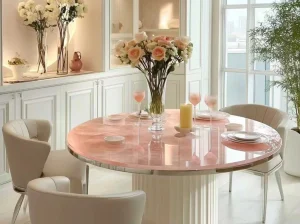 Afghan Pink Onyx round dining table in a bright luxury interior