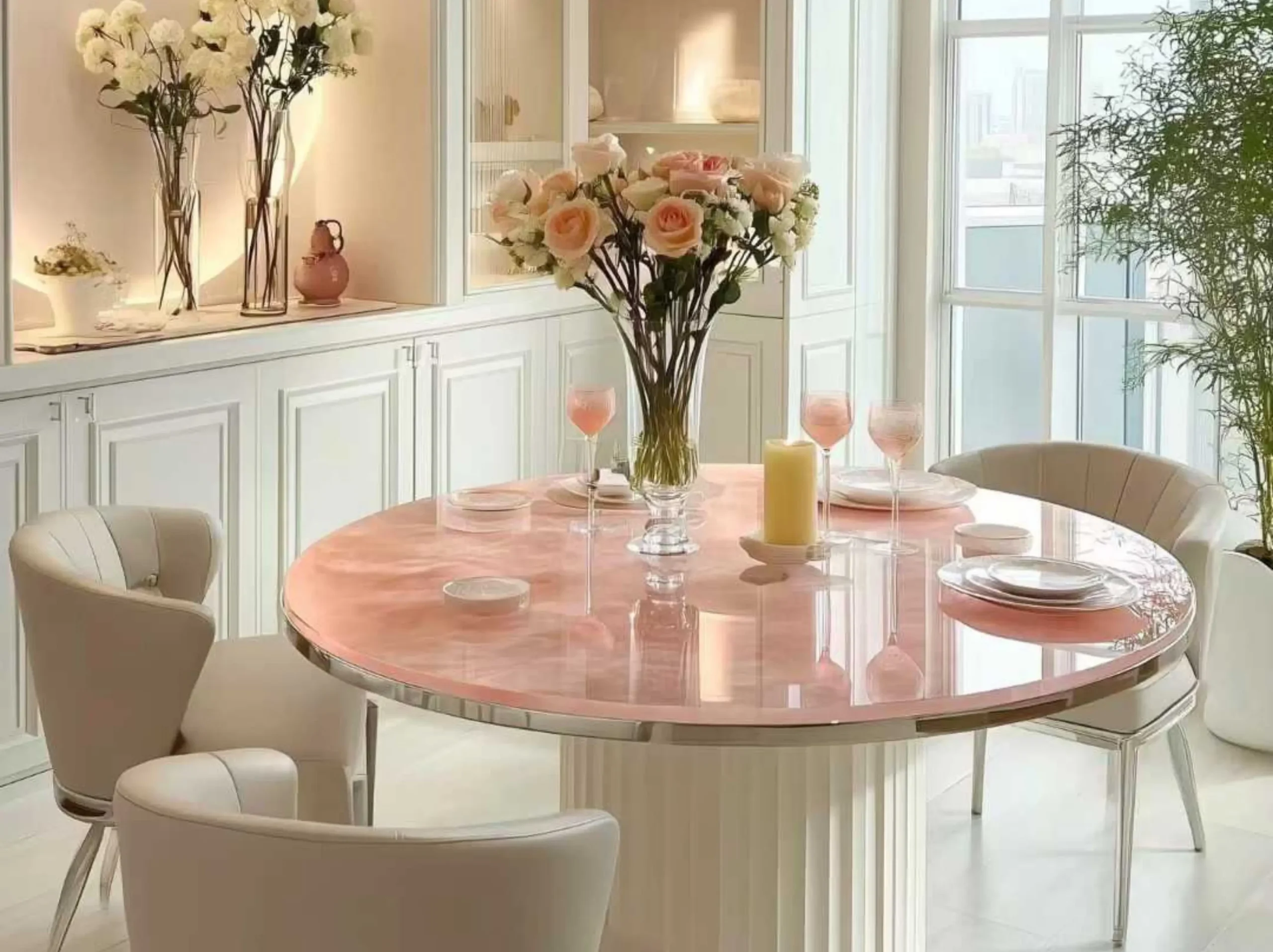 afghan-pink-onyx-round-dining-table-luxury-interior-01.webp Afghan Pink Onyx round dining table in a bright luxury interior