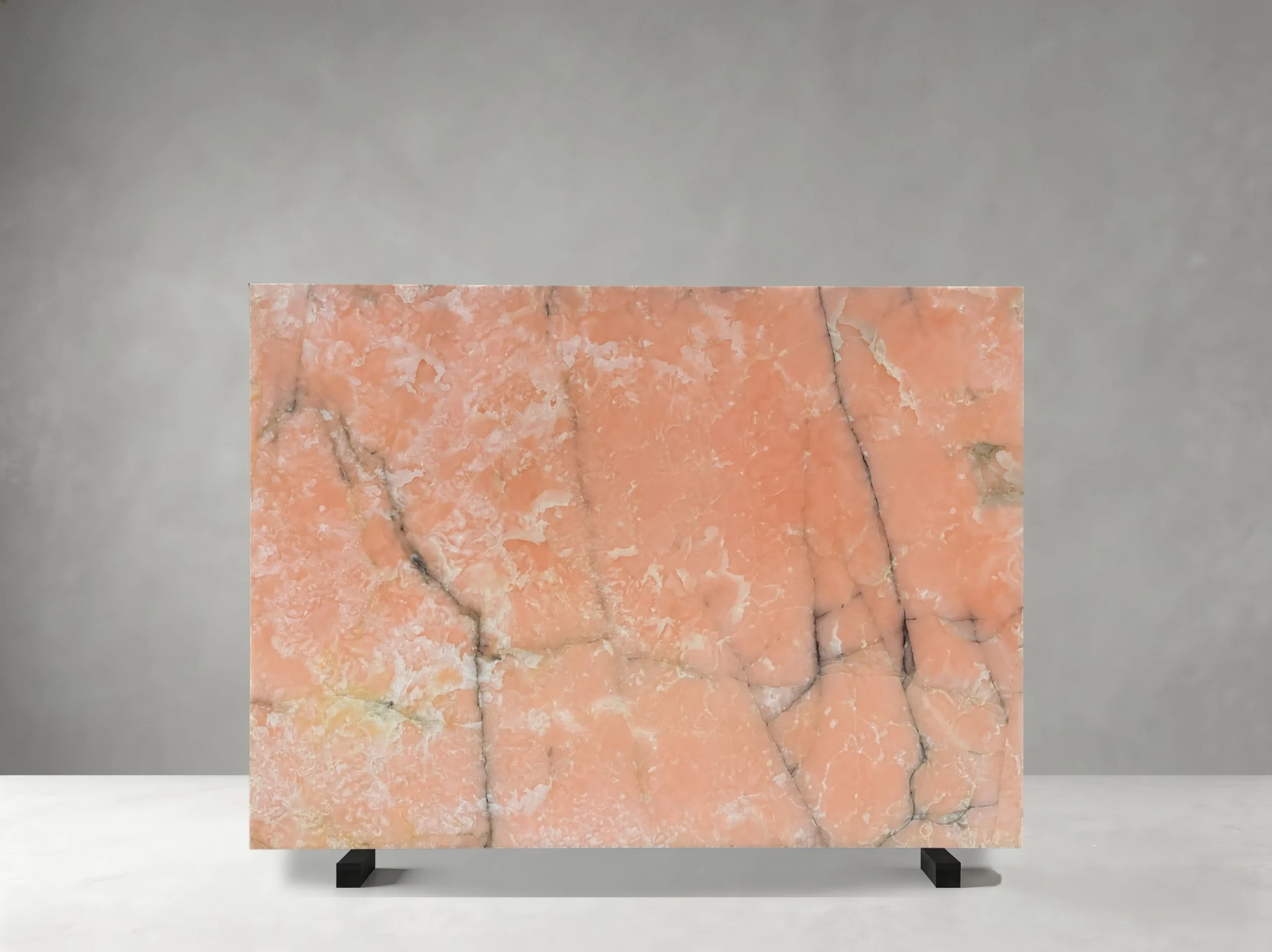 afghan-pink-onyx-slab-dark-veins-front-view-04.webp Afghan Pink Onyx slab with peach tones and natural dark veins