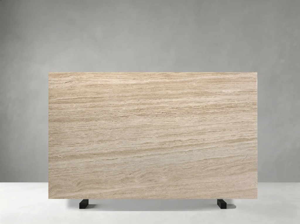 Afghan Travertine slab with warm beige tones and parallel linear bands