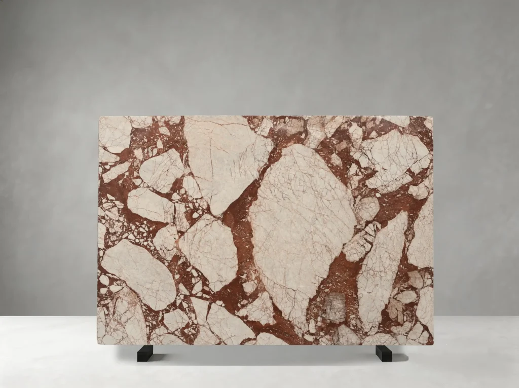 Arabescato Rosso Marble slab with irregular cream fragments and burgundy-red natural patterns