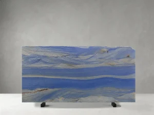 Azul Imperial Quartzite slab with cobalt blue and white layered waves