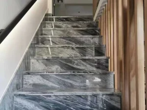 Bardiglio Arabescato Marble staircase with polished grey treads and risers