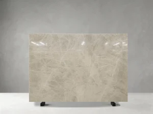 Front view of polished Beige Matira Quartzite slab with layered beige-grey crystalline movement