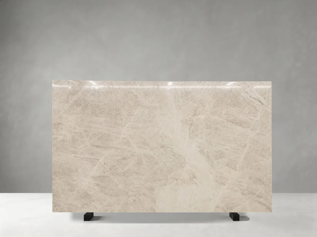 Polished Beige Matira Quartzite slab with soft ivory areas and diagonal taupe veining