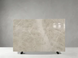Close-up of Beige Perla Venata Quartzite crystalline texture and natural grey mineral layers