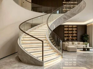 Beige Perla Venata Quartzite luxury curved staircase with pearl-beige crystalline veining