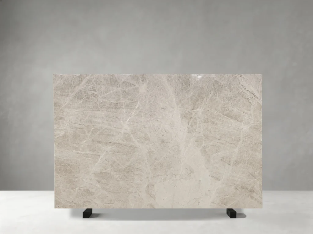 Front view of Beige Perla Venata Quartzite slab with pearl-beige and pale grey crystalline veining