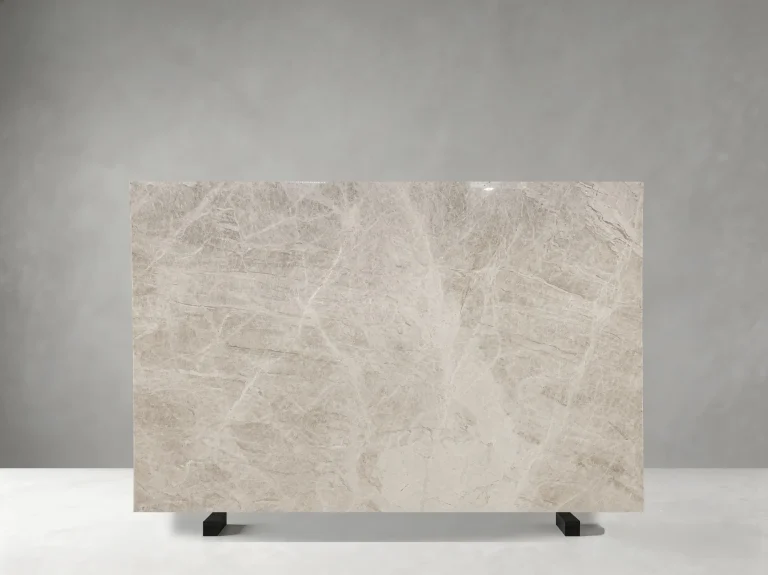 Front view of Beige Perla Venata Quartzite slab with pearl-beige and pale grey crystalline veining