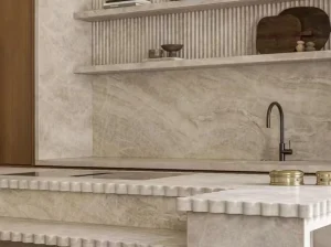 Custom Beige Taj Mahal Quartzite table top with soft natural veining