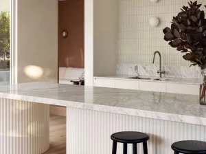 Bianco Ondulare Marble kitchen island countertop with matching sink worktop and backsplash