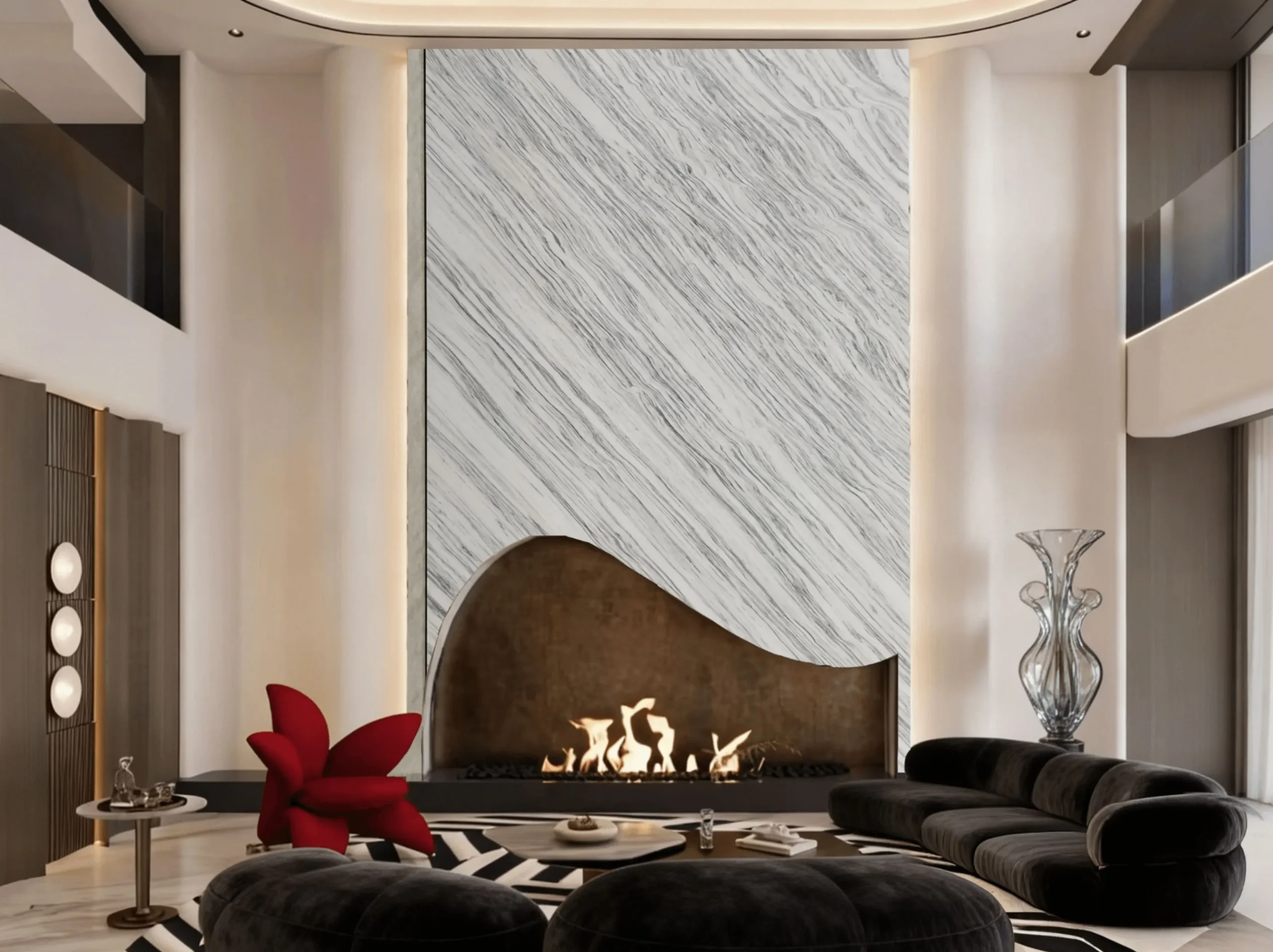 bianco-ondulato-marble-curved-fireplace-feature-wall.webp Bianco Ondulato Marble curved fireplace feature wall in a double-height luxury living room