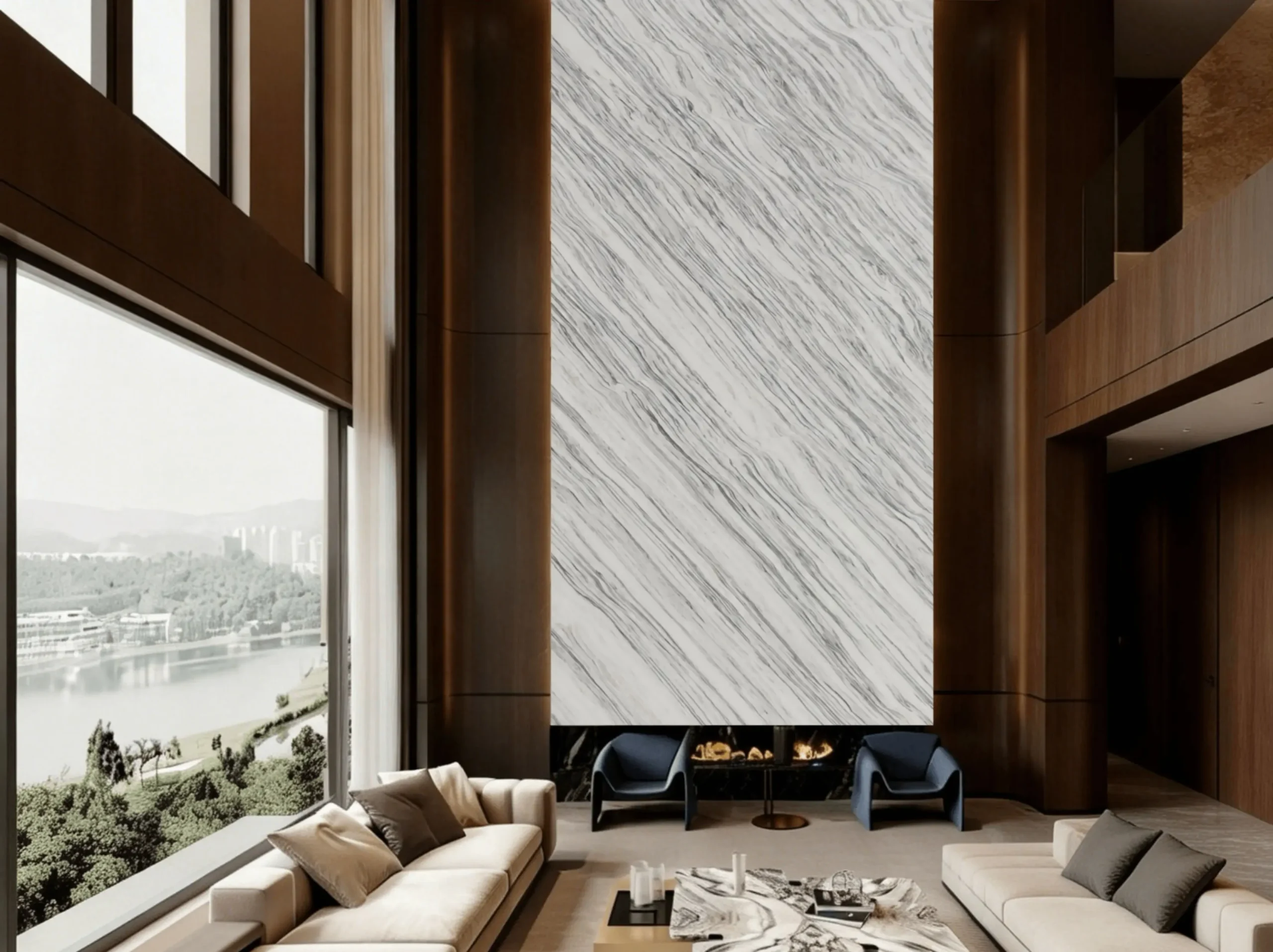 bianco-ondulato-marble-double-height-fireplace-wall.webp Bianco Ondulato Marble double-height fireplace wall with linear fire feature in a luxury living room
