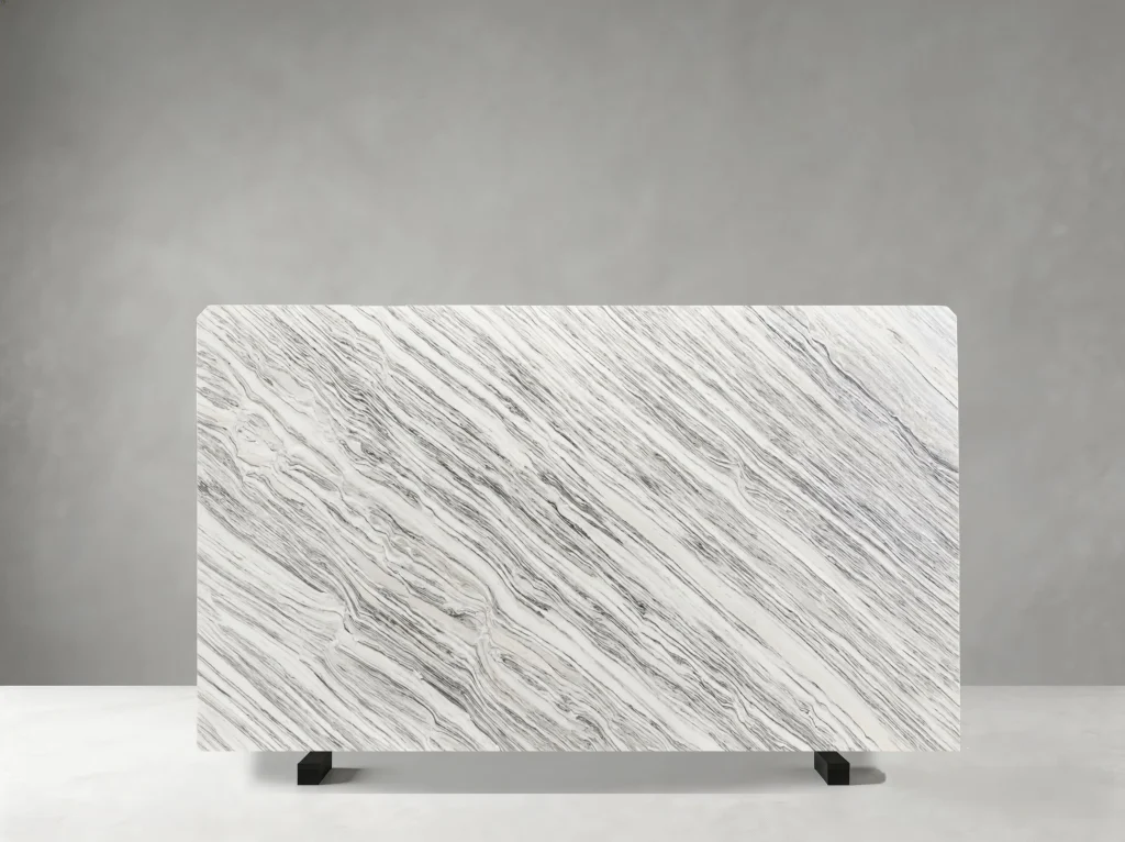 Bianco Ondulato Marble slab with fine continuous diagonal grey veining