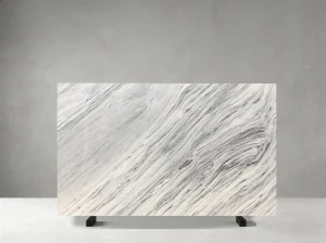Bianco Ondulato Marble slab with flowing wave-like grey veins on a white background