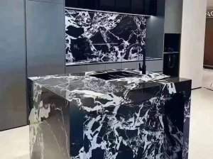 black grand antique marble kitchen island and backsplash with black white breccia pattern