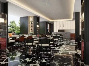 black grand antique marble lobby flooring with dramatic black and white breccia veins