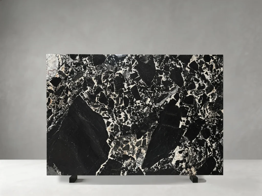 black grand antique marble slab large white breccia fragments for luxury interiors