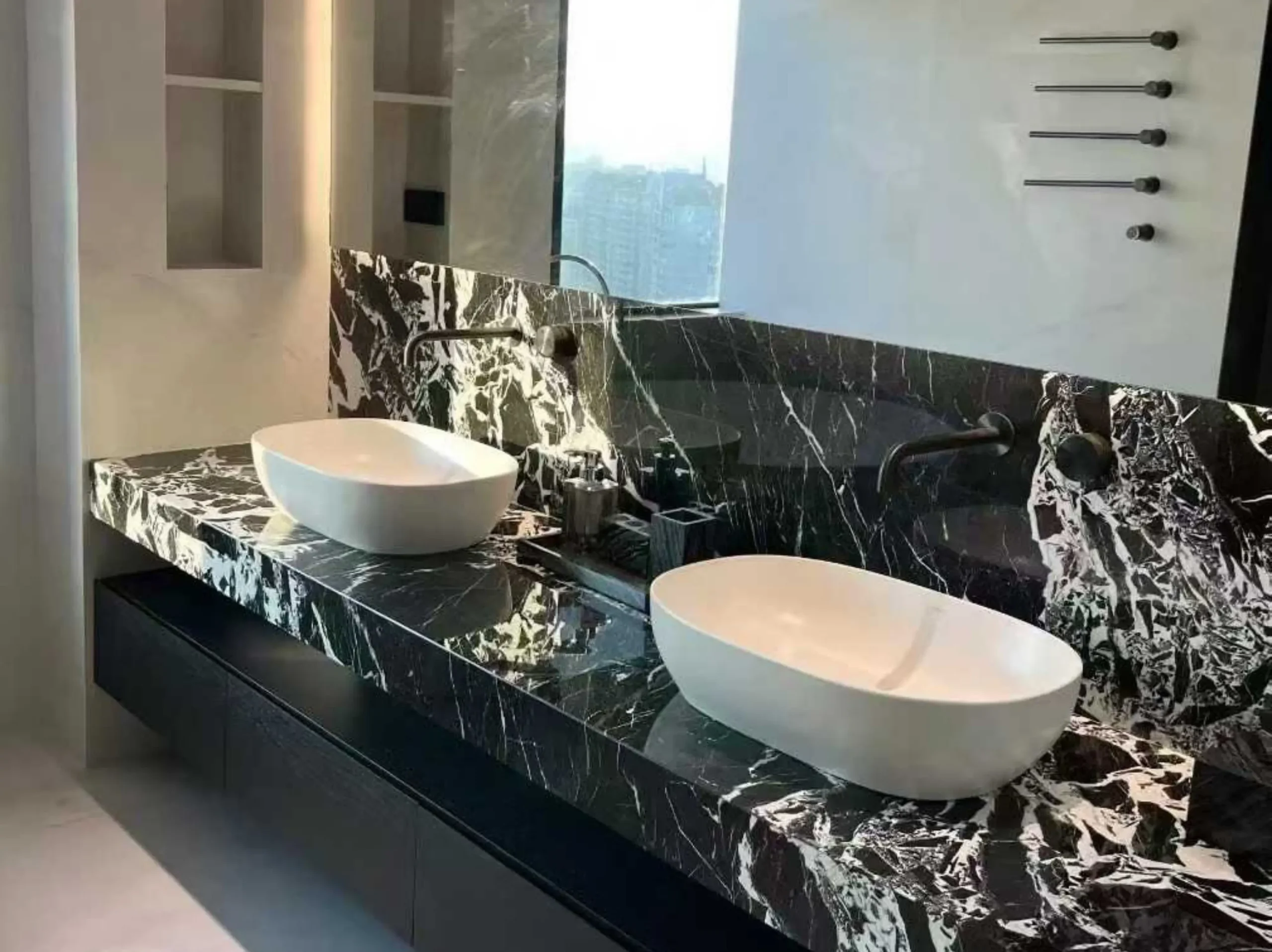 black-petit-antique-marble-bathroom-vanity-top-02.webp black petit antique marble bathroom vanity top with double basins and white breccia veins