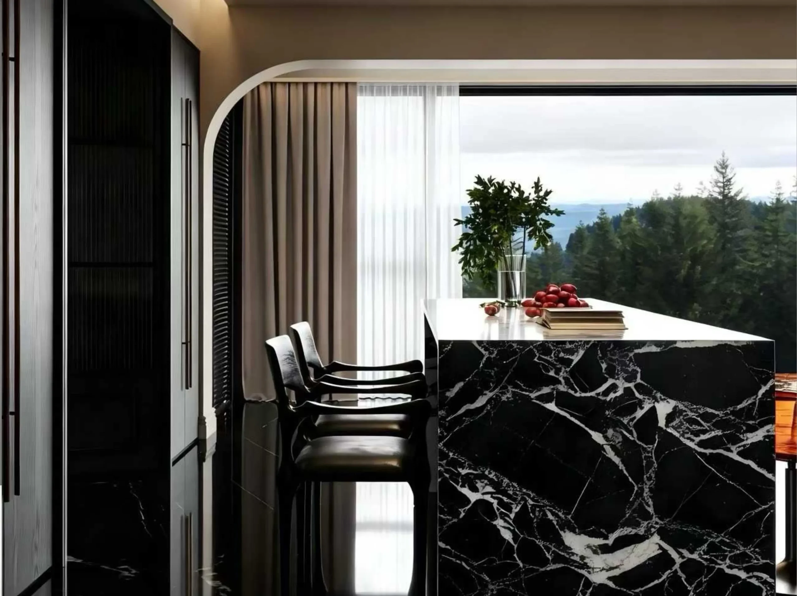 black-petit-antique-marble-island-top-interior-03.webp black petit antique marble island top for modern interior with bold black white veining