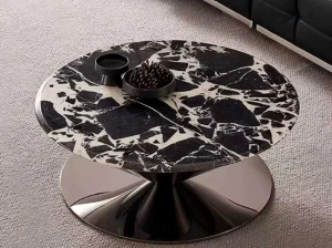 black petit antique marble round coffee table with black and white breccia pattern