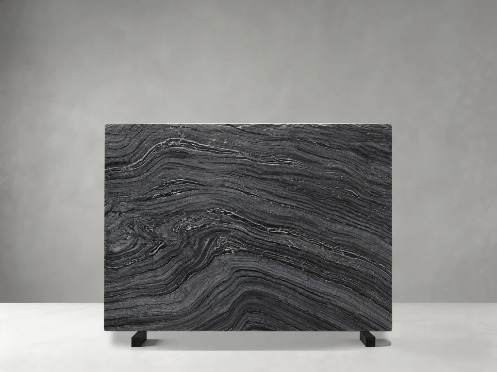 Black Wooden Marble slab with flowing grey wood-grain veins