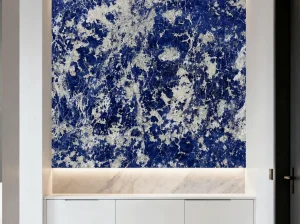 blue namibian sodalite wall panel with blue and white crystalline mineral pattern