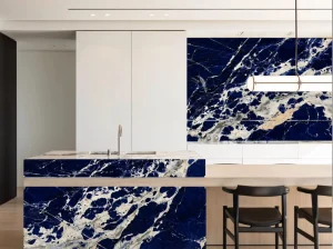 blue namibian sodalite kitchen island and backsplash with deep blue white mineral pattern