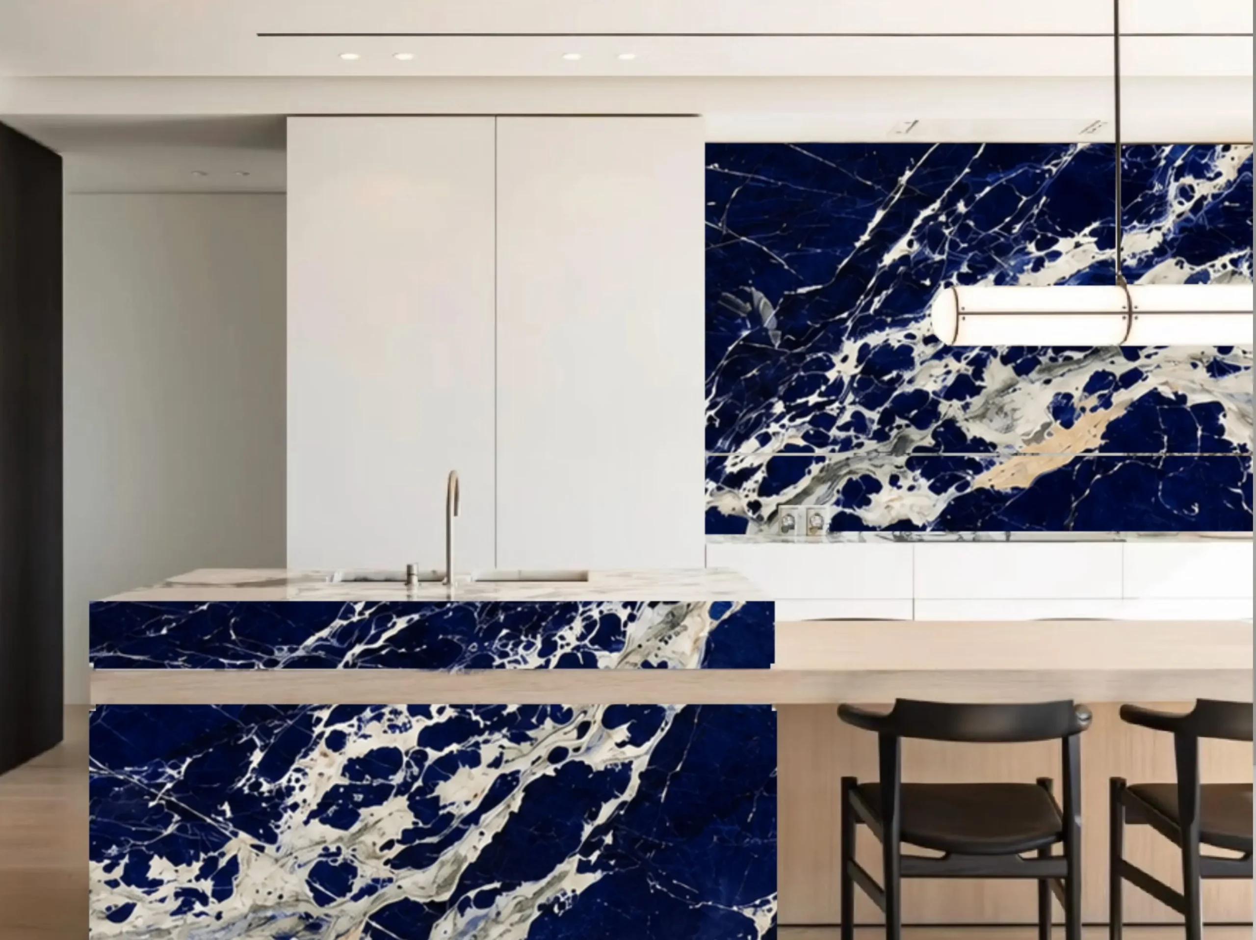 blue-namibian-sodalite-kitchen-island-backsplash-04.webp blue namibian sodalite kitchen island and backsplash with deep blue white mineral pattern