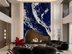blue namibian sodalite living room fireplace feature wall with deep blue white veining