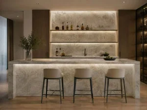 Branco Taj Mahal Quartzite backlit bar with matching countertop and wall panels