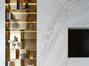 Branco Volakas Marble wall panels and flooring in a contemporary luxury lobby