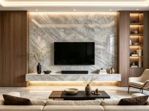 Custom Brazilian Matira Quartzite wall cladding with light greige crystalline movement