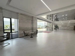 Brazilian Matira Quartzite in a luxury interior with light greige and ivory crystalline surfaces