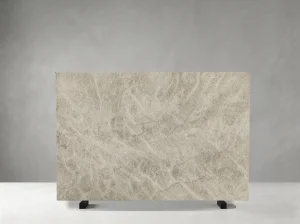 Front view of Brazilian Matira Quartzite slab with greige tones and dense crystalline veining