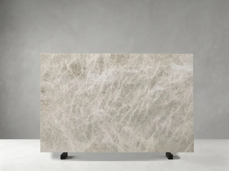 Close-up of Brazilian Perla Venata Quartzite crystalline texture and layered mineral pattern