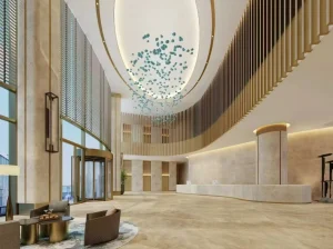 Brazilian Taj Mahal Quartzite used for flooring and architectural surfaces in a luxury hotel lobby