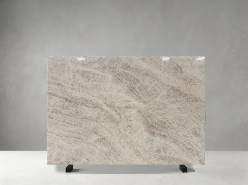 Polished Brazilian Taj Mahal Quartzite slab with soft diagonal grey and taupe veining