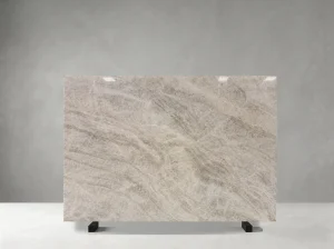 Polished Brazilian Taj Mahal Quartzite slab with soft diagonal grey and taupe veining