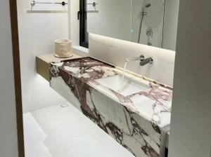 breccia caprara marble bathroom vanity top with dark burgundy breccia veins