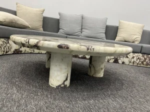 breccia caprara marble oval coffee table with cream and burgundy breccia veins