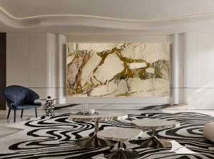 Breccia Romana Marble feature wall in a luxury modern living room