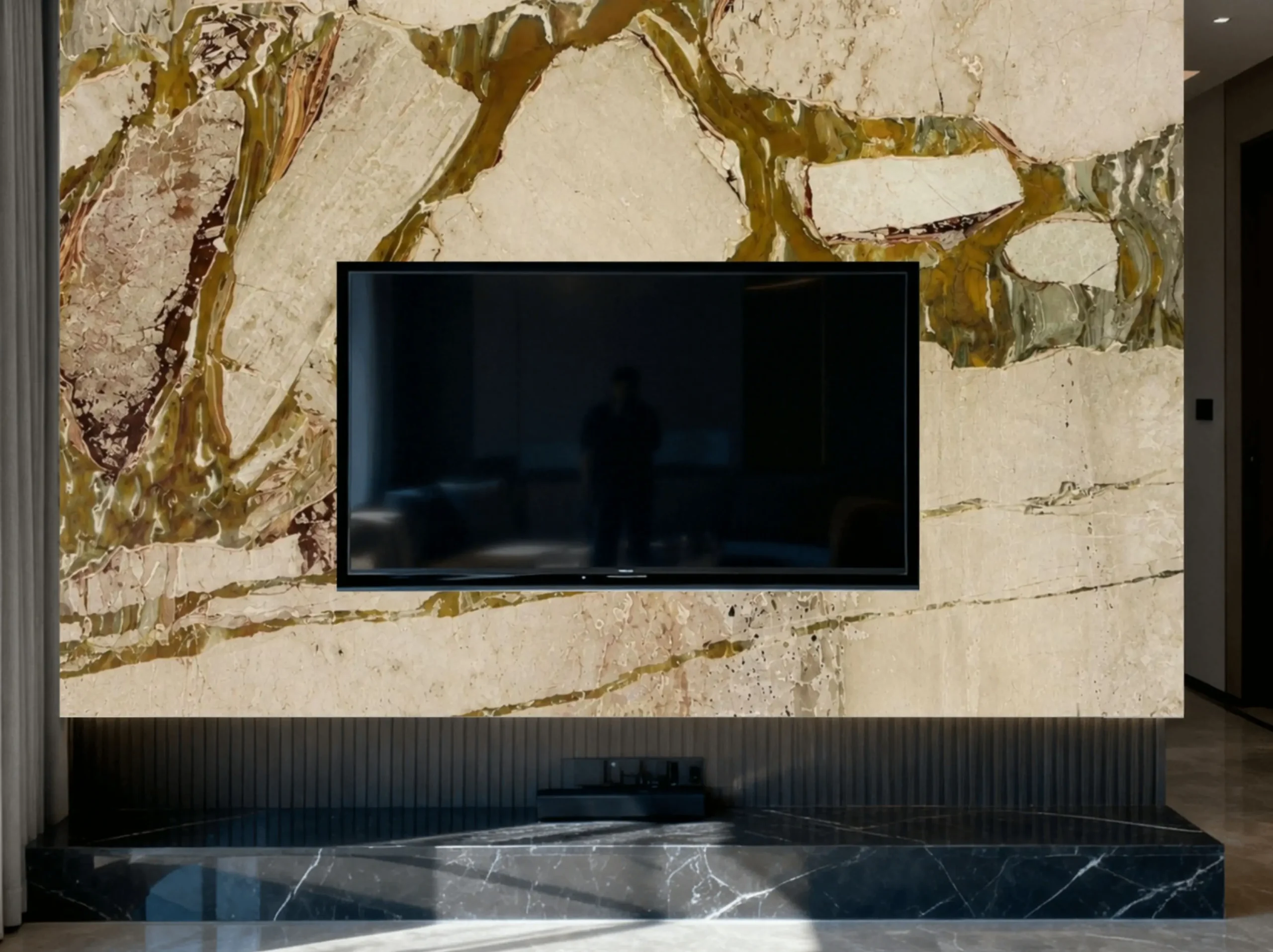 breccia-romana-marble-tv-feature-wall.webp Breccia Romana Marble TV feature wall in a contemporary living room