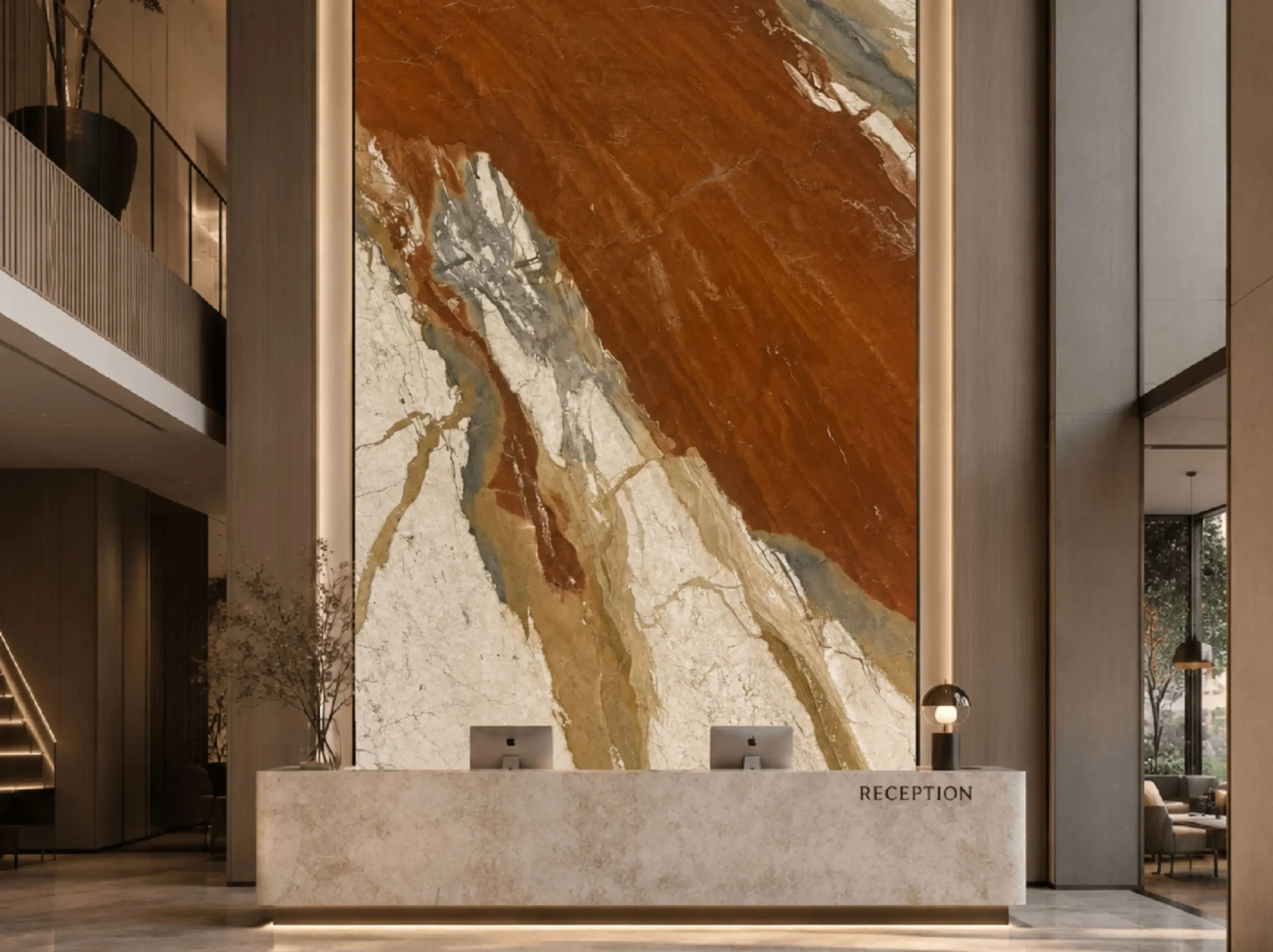 breche-fantastique-marble-hotel-reception-feature-wall.webp Breche Fantastique Marble feature wall behind a luxury hotel reception desk